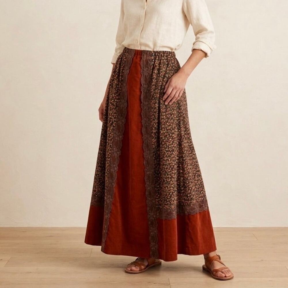 VTG Carefree Fashions Scottsdale AZ Prairie Maxi Skirt Calico‎ Floral Lace Brown